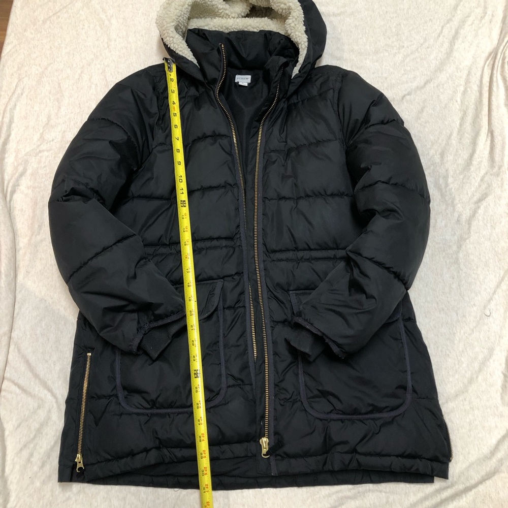 J. Crew Vail Long Puffer Coat Hooded Sherpa Lined Black Size Large - Picture 14 of 16